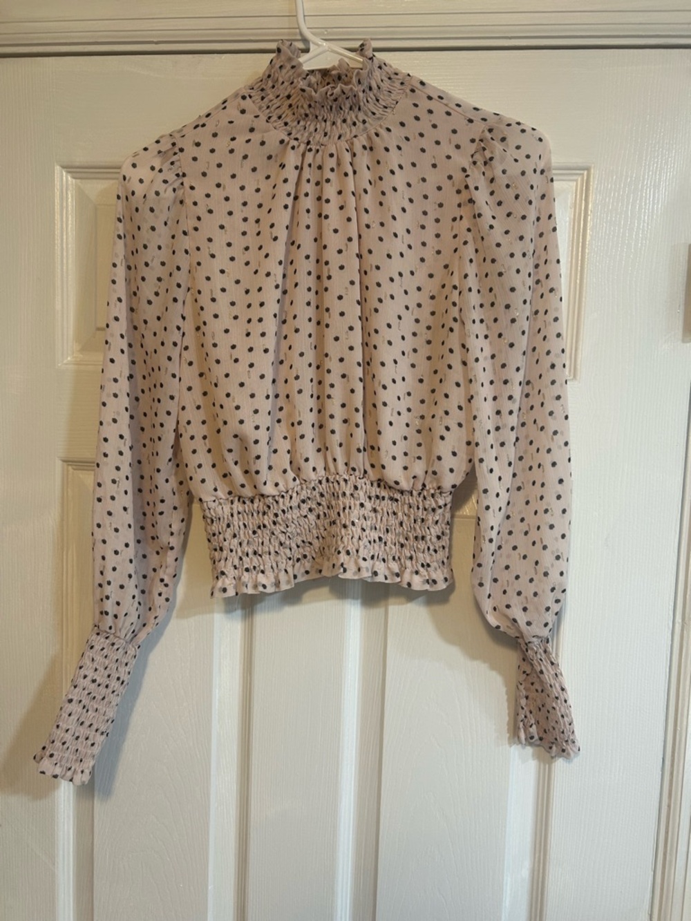 Forever 21 Blush Pink Polka Dot Smocked High-Neck Long Sleeve Top